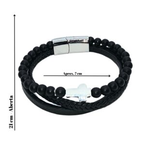 Pulseira Aço e Pele - CRUZ PRATEADA + PEDRA VULCANICA LISA