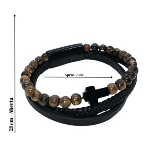 Pulseira Aço e Pele - CRUZ NEGRA + OLHO DE TIGRE