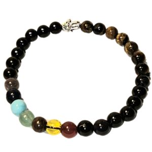 Pulseira dos Três Amuletos - 7 Chakras, Olho de Tigre e Turmalina